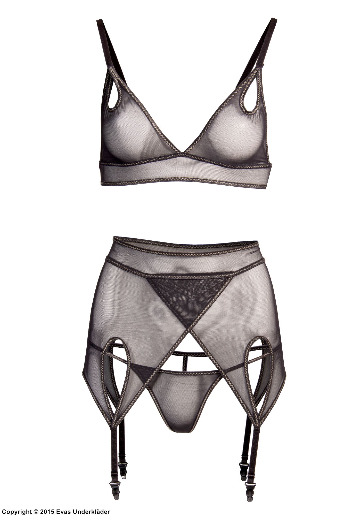 Sheer lingerie set with drop keyhole details, 3-pc